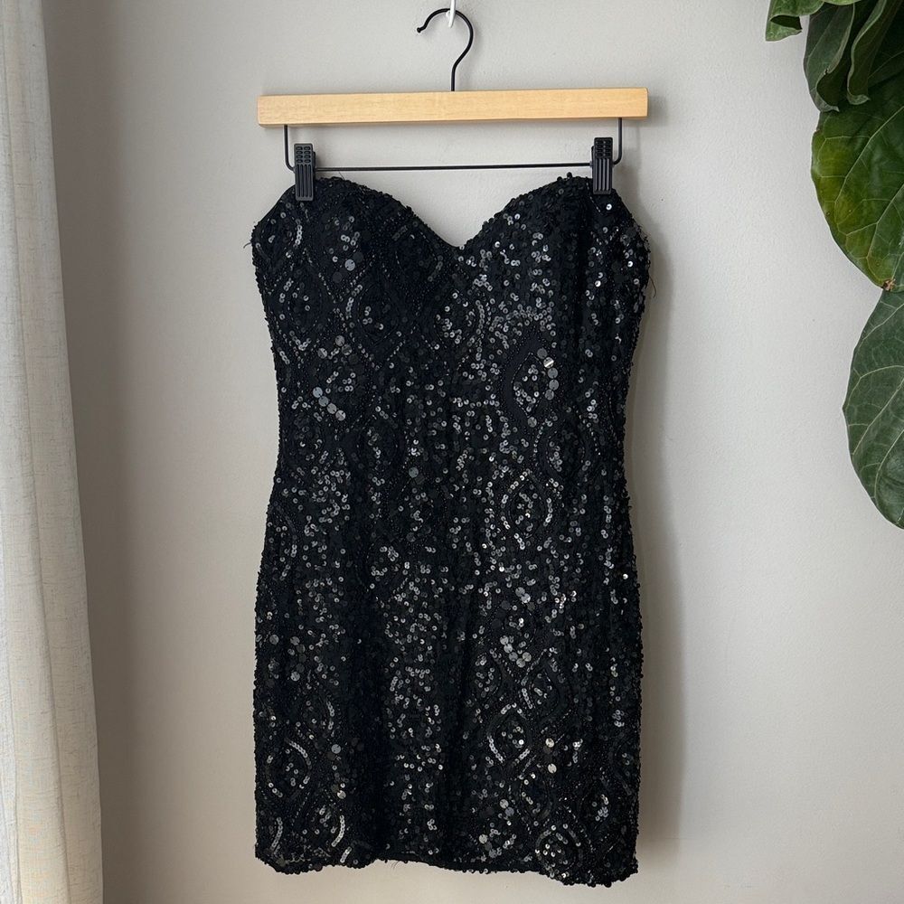 Scala Silk Black Sequin Beaded Dress Strapless Sweetheart Prom Formal Cocktail